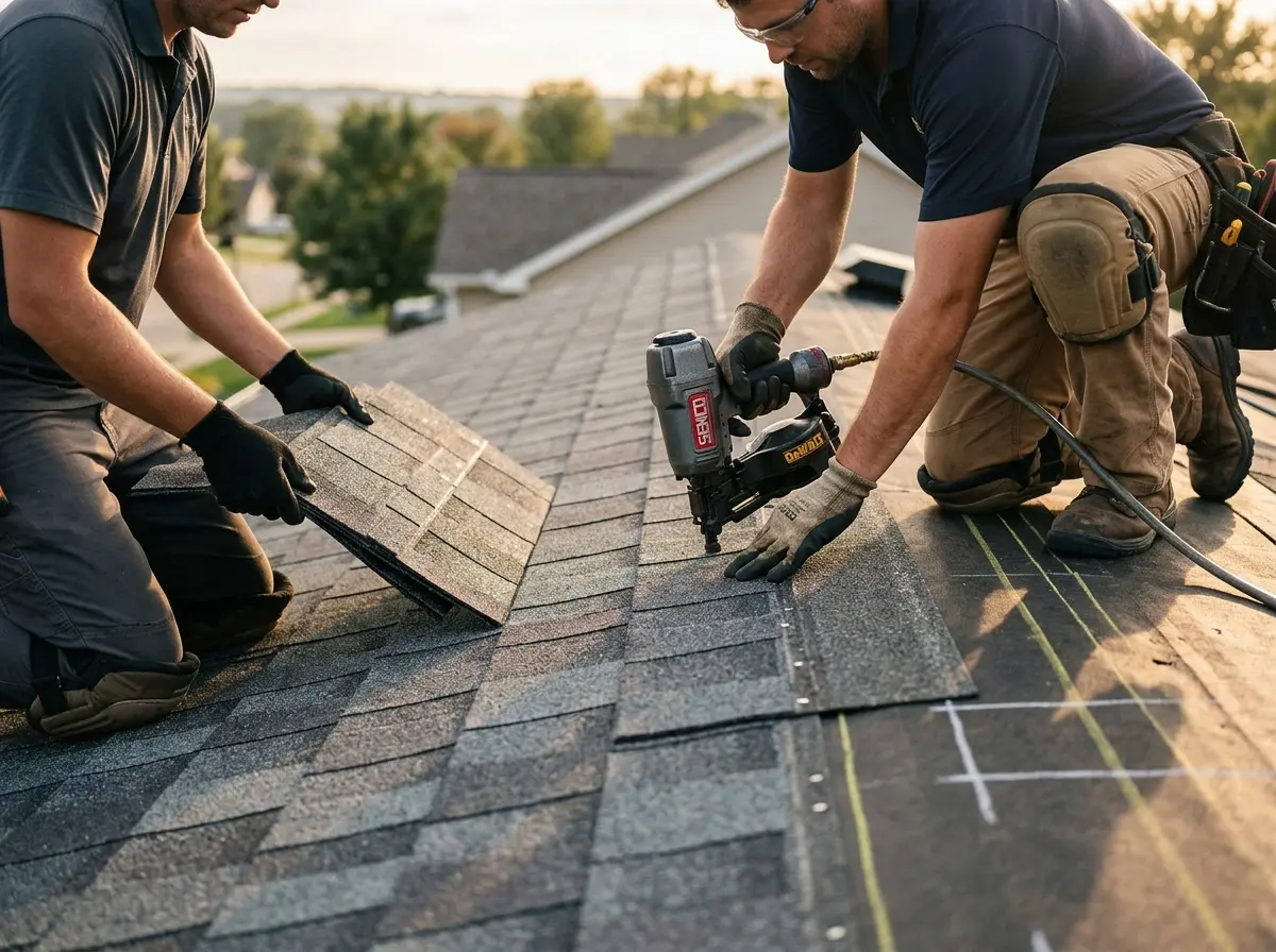 Professional roofer working on a residential roof in Dranesville